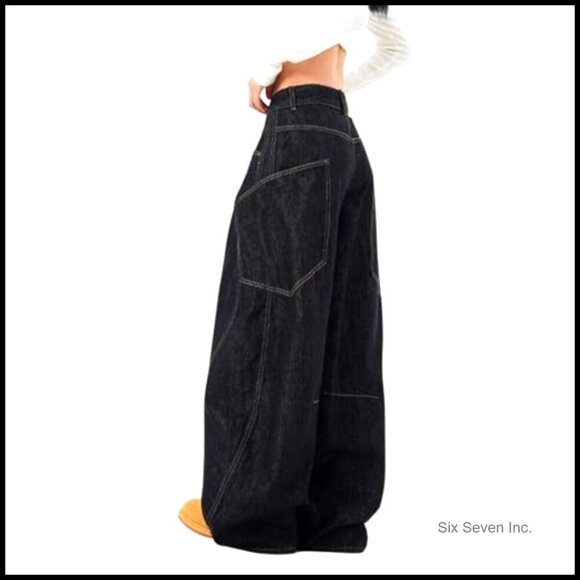 High Waisted Barrel Leg Jeans Oversized Y2K Streetwear Loose Fit Denim Pants - Picture 2 of 4